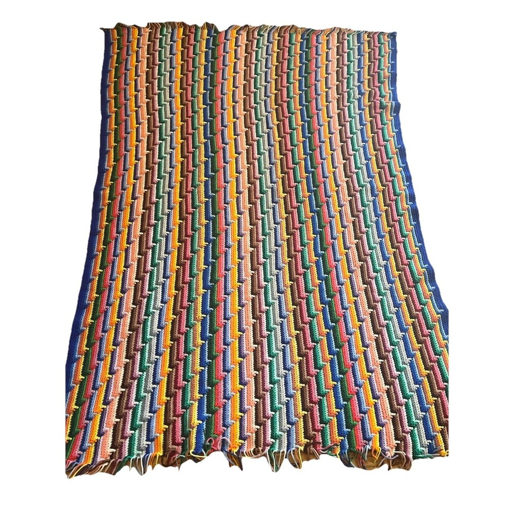 VTG Boho Stripe Rainbow Hand Knit Crochet Blanket Throw Afghan 47x71 Cottagecore